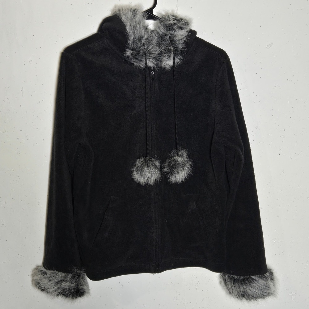 Fashion Bug Black Fleece Faux Fur Trim Zip Up Hoodie Jacket Medium Y2K Bratz